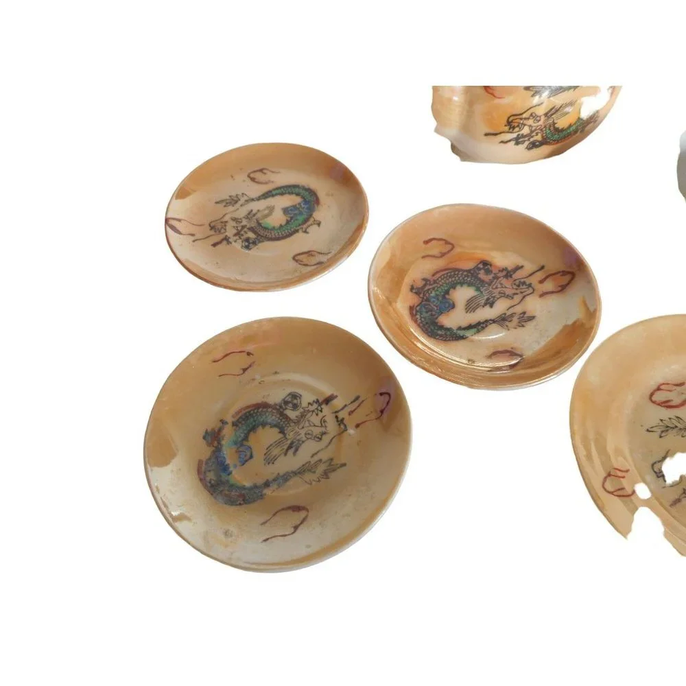 Vintage 10 piece Japan peach lusterware child's tea set with dragon - Picture 2 of 12